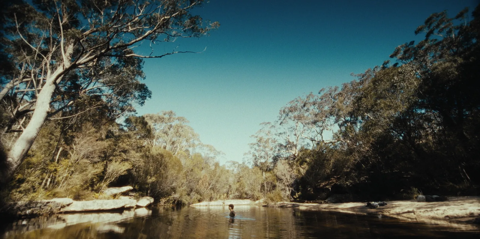 A wide view of a bush creek under a blue sky, a lone swimmer in the water between sandstone banks and gum trees.