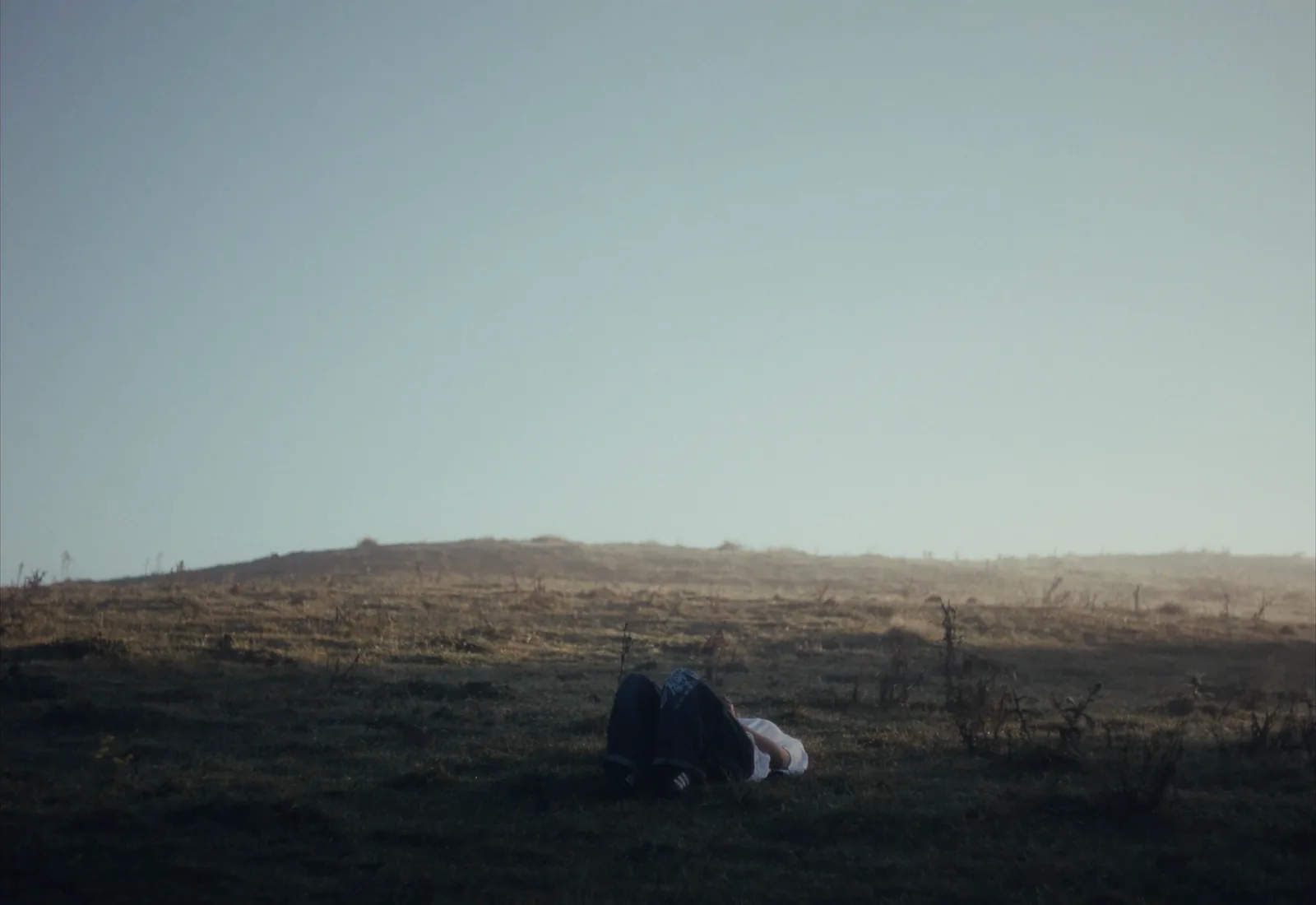 A figure lies in long grass below a hazy hill under a pale, washed-out sky.