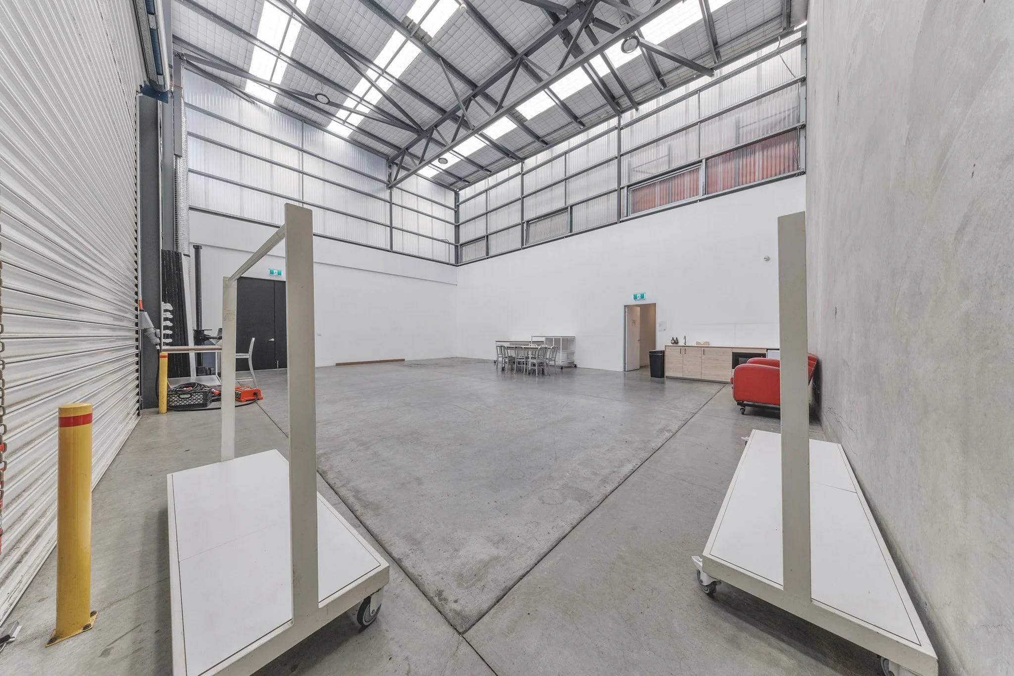 The Front's daylight studio: wide view showing the permanent skylights, 9-metre ceiling and white walls