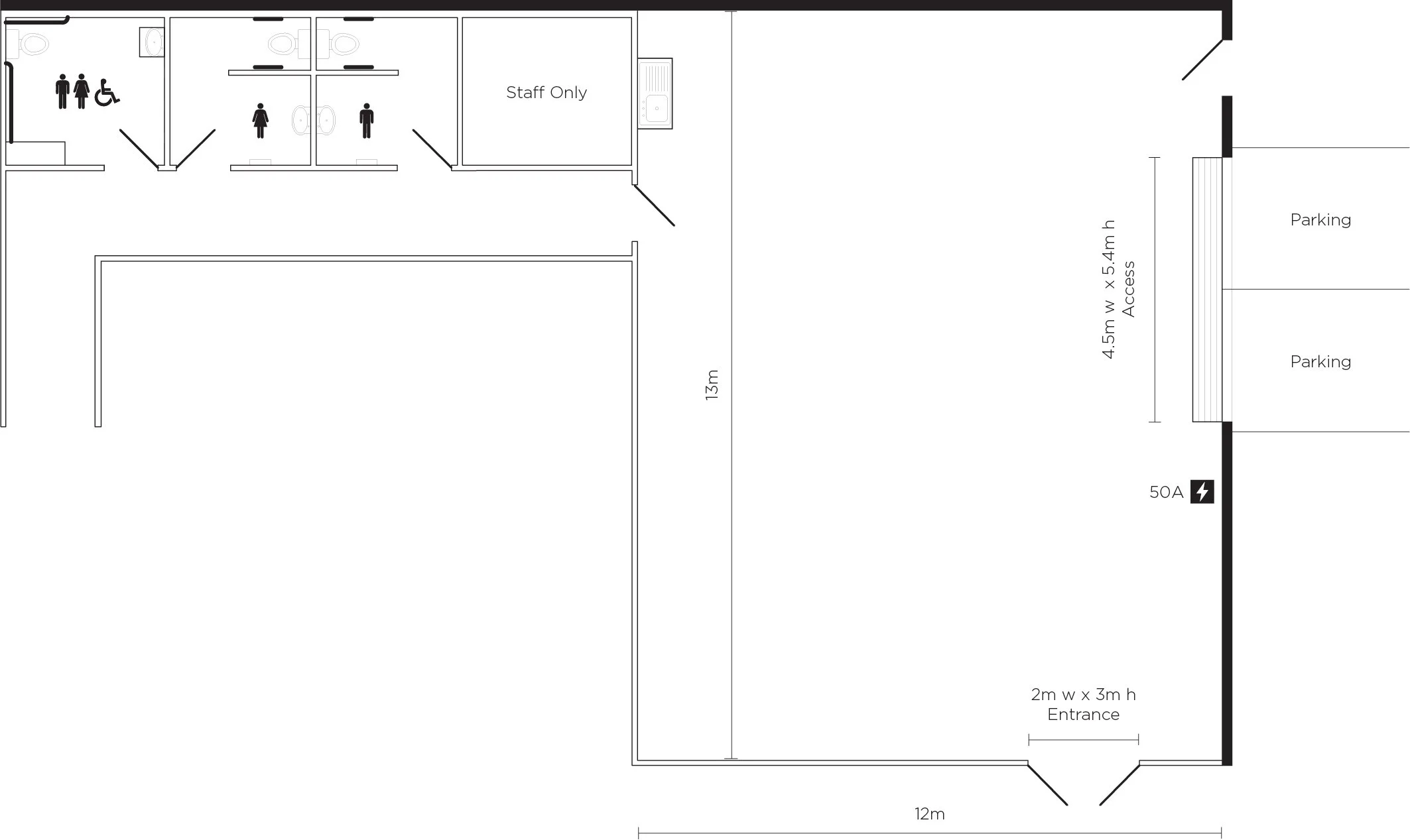 STUDIO at THE FRONT: floor plan showing the 13m × 12m studio floor, hair & makeup station, stylist area, kitchen, and roller-shutter vehicle entrance.