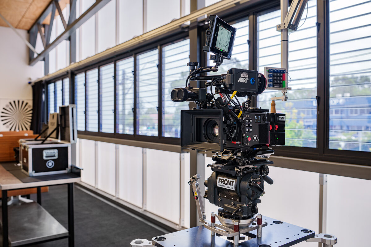An ARRI camera on an O'Connor 1030Ds head by the Test Room's windows